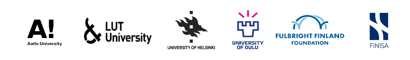 logos of Aalto University, LUT University, University of Helsinki, University of Oulu, Fulbright Finland Foundation and FINISA