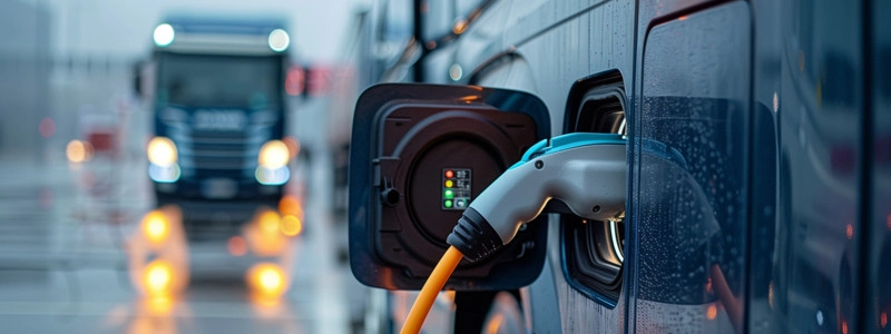 En eldriven lastbil ansluten till en laddstation, upplyst av gatubelysning en regnig kväll.