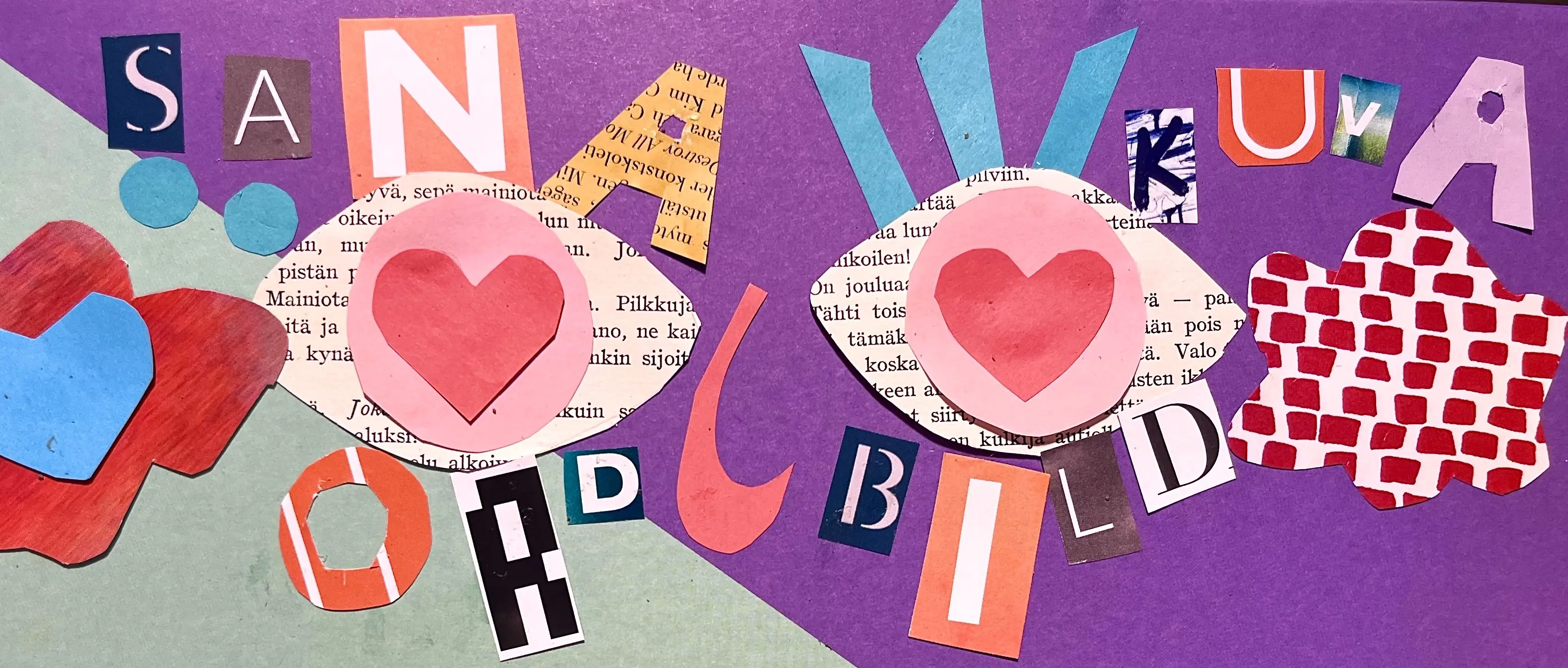 Färggrannt collage med ord och bild.