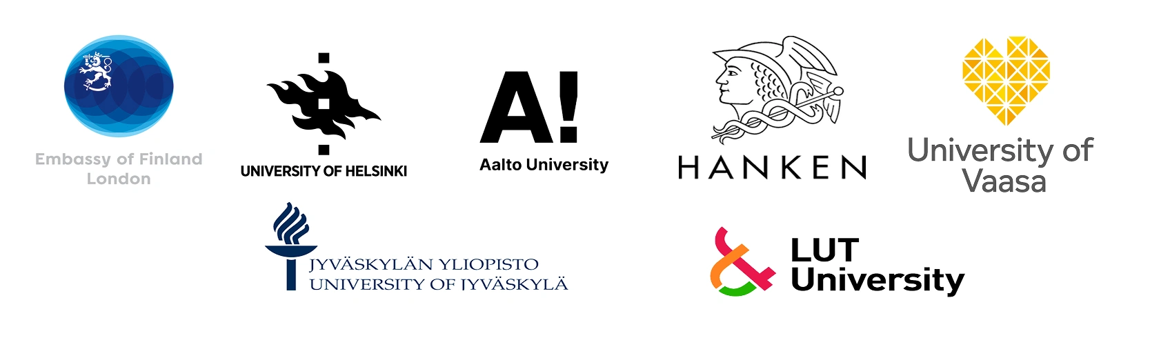 Logos of Aalto University, LUT, Hanken, University of Helsinki, University of Jyväskylä, University of Vaasa and Finnish Embassy in London