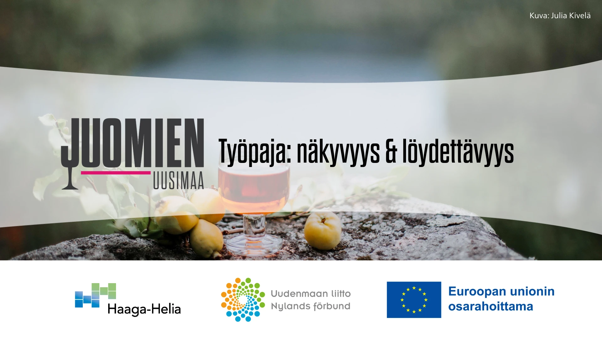 Kuvituskuva juomasta ja omenoista kalliolla. Rahoittajien ja hankkeen logot. Teksti: Työpaja: markkinoinnista vauhtia myyntiin