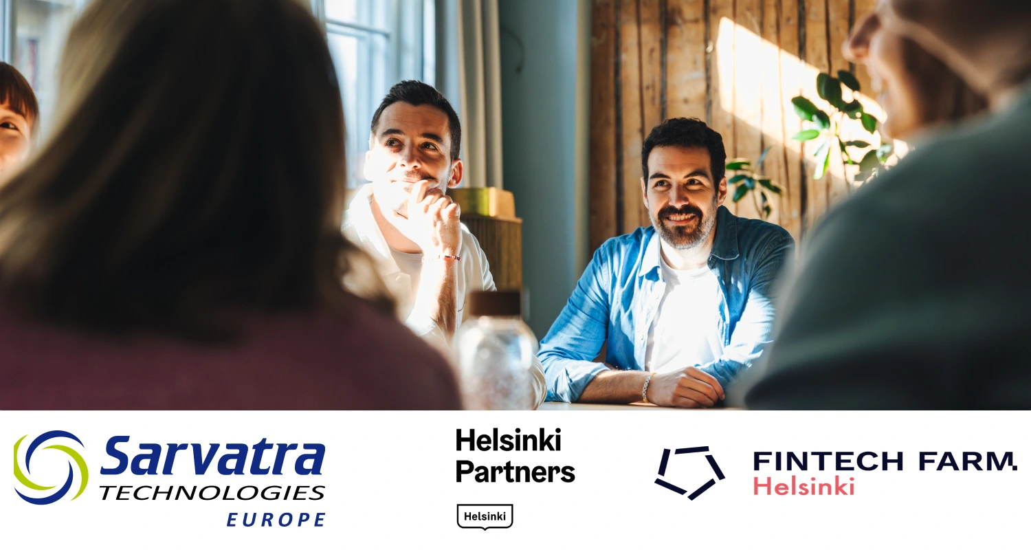 Event banner with the logos of Helsinki, sarvatra eu, fintech farm and Helsinki Partners